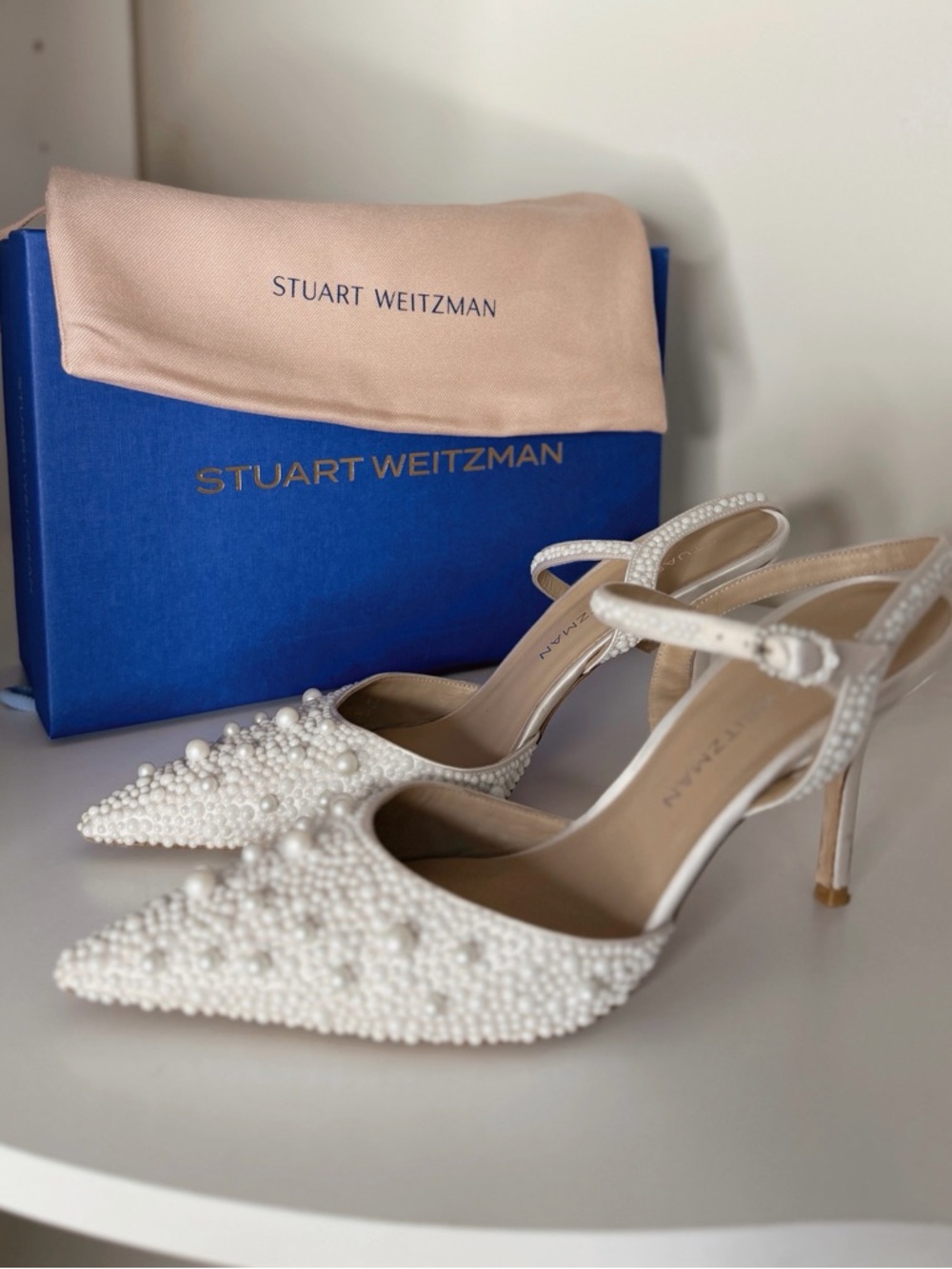 Stuart Weitzman White Pearl Beaded Pointed Toe Slingback Heels